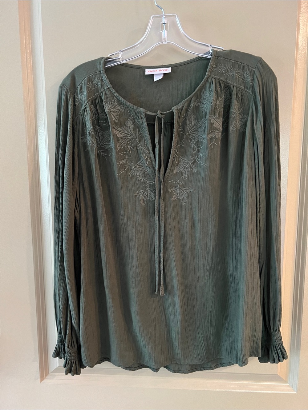 Knox Rose Olive Green Embroidered Tie-Neck Blouse